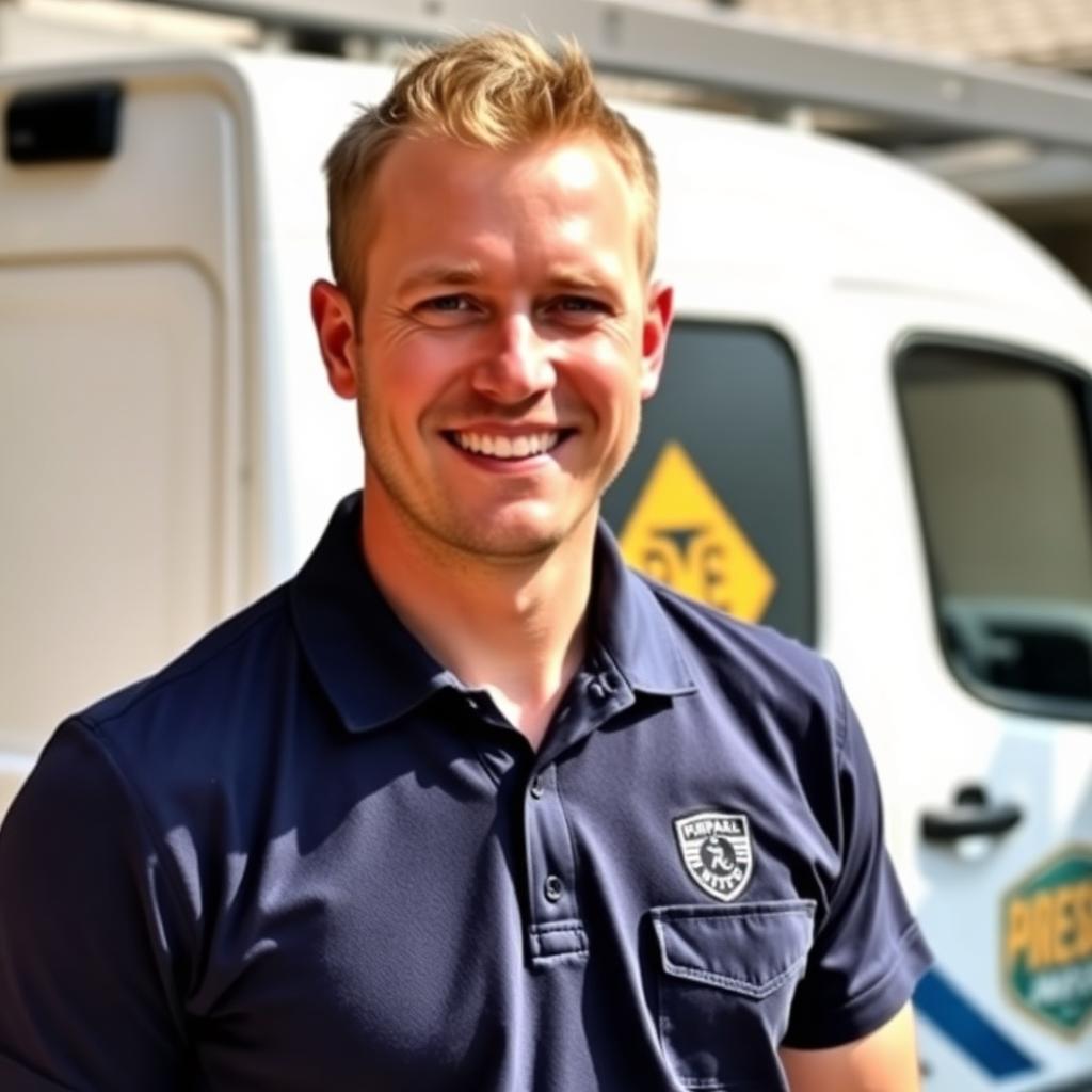 Daniel Cooper standing in front of his work van